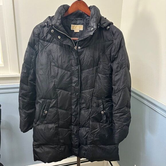 Michael Michael Kors Black Down Fill Hooded Mid Length Coat Size Large - Picture 1 of 6